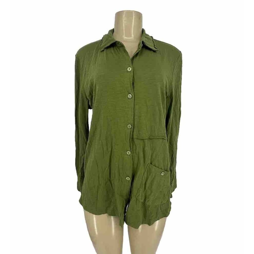 Focus Small Women Button Up Shirt Asymmetrical Boho Green Long Sleeve 15-25